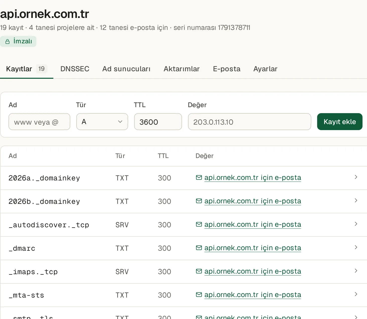 DNS bölgesi: imzalı rozeti, kayıt ekleme formu ve A, MX, TXT kayıtları