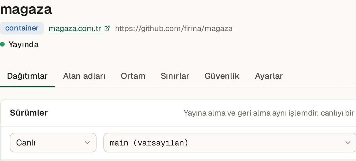 Bir projenin dağıtımlar sekmesi: bağlı Git deposu, konteyner türü ve canlı sürüm
